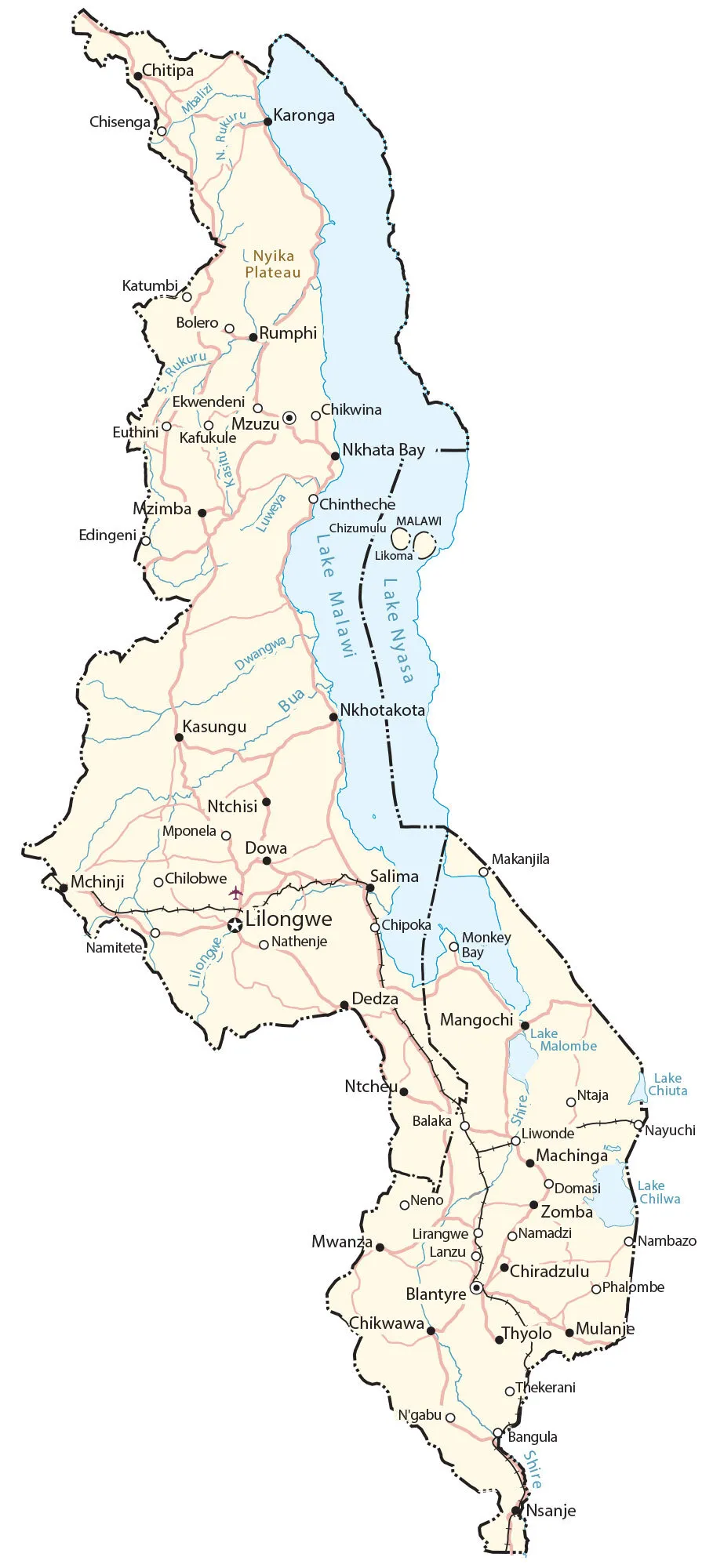 Kort over Malawi: Områderne Mangochi, Dedza og Chipoka, hvor uddelingen finder sted, ligger i den sydlige del af Lake Malawi